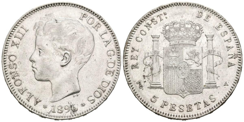 ALFONSO XIII (1885-1931). 5 pesetas. (Ar. 24,72g /37mm). 1896 *18-96. Madrid PGV...