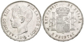 ALFONSO XIII (1885-1931). 5 pesetas. (Ar. 24,72g /37mm). 1896 *18-96. Madrid PGV. (Cal-2019-106). MBC+. Marquitas.