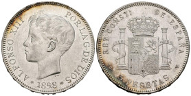 ALFONSO XIII (1885-1931). 5 Pesetas. (Ar. 24,93g /37mm). 1898 *18-98. Madrid SGV. (Cal-2019-109). EBC-. Marquitas.