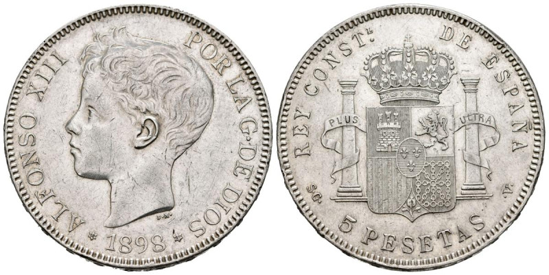 ALFONSO XIII (1885-1931). 5 Pesetas. (Ar. 25,20g/37mm). 1898 *18-98. Madrid SGV....