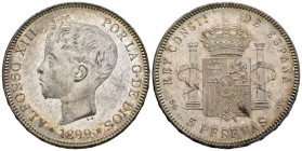 ALFONSO XIII (1885-1931). 5 Pesetas. (Ar. 25,08g / 37mm). 1899 * 18-99. Madrid SGV. (Cal-2019-110). EBC. Brillo original.