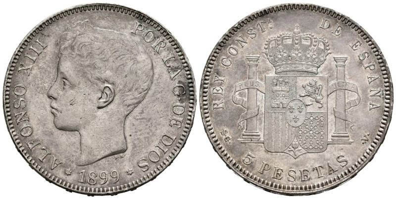 ALFONSO XIII (1885-1931). 5 Pesetas. (Ar. 24,69g/37mm). 1899 *18-99. Madrid SGV....