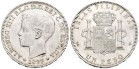ALFONSO XIII (1885-1931). 1 Peso. (Ar. 24,83g/37mm). 1897. Manila SGV. (Cal-2019-122). EBC-. Marquitas y rayitas.