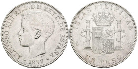 ALFONSO XIII (1885-1931). 1 Peso. (Ar. 25,00g/37mm). 1897. Manila SGV. (Cal-2019-122). MBC+. Marquitas.