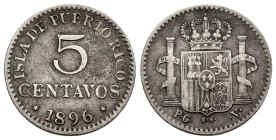ALFONSO XIII (1885-1931). 5 Centavos (Ar. 1.20g/ 16mm). 1896. Puerto Rico. PGV (Cal-2019-124). MBC/MBC-.