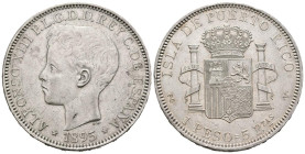 ALFONSO XIII (1885-1931). 1 Peso. (Ar. 25,01g/37mm). 1895. Puerto Rico PGV. (Cal-2019-128). MBC+. Marquitas. Restos de brillo original.