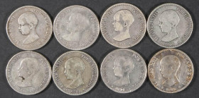 ALFONSO XIII (1885-1931). Interesante conjunto de 8 duros, tipo pelón, falsos de época en plata. Fechas comprendidas entre 1889 y 1892. Incluye varias...