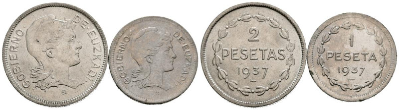 GUERRA CIVIL (1936-1939). Pareja de 1 y 2 Pesetas del Gobierno de Euzkadi acuñad...