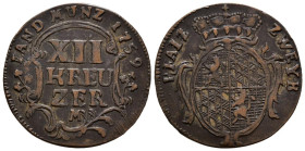 ALEMANIA. 12 Kreuzer (Ae. 3,58g/25mm). 1759. Christian IV. Palatino Zweibrücken. (Km#27 en plata). MBC+. Muy rara en cobre.