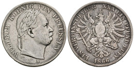 ALEMANIA (Prusia). 1 Vereinsthaler (Ar. 18,16g/33mm). 1866. Berlín.Victoria en la Guerra Austro-Prussiana. (Km#496). MBC. Escasa.