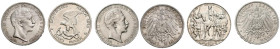 ALEMANIA, Precioso conjunto de 3 monedas en plata con módulo de Drei Mark acuñadas en 1912 (2) y 1913. Diferentes estados de conservación. A EXAMINAR....