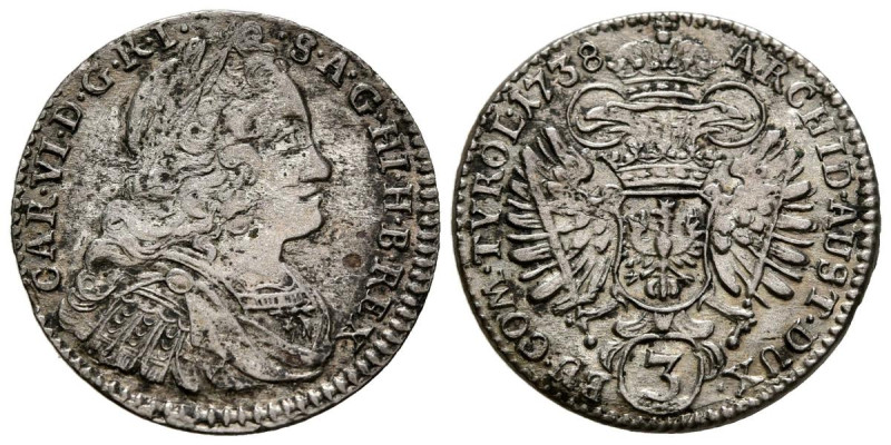 AUSTRIA. 3 Kreuzer (Ar. 1,60g/21mm). 1738. Carlos VI. Sacro Imperio Romano. Hall...