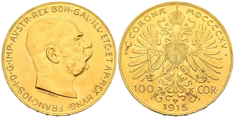 AUSTRIA. 100 Coronas. (Au. 33,86g/37mm). 1915. Franz Joseph I. (Km#2819). Reacuñ...