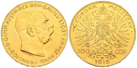 AUSTRIA. 100 Coronas. (Au. 33,86g/37mm). 1915. Franz Joseph I. (Km#2819). Reacuñación oficial. EBC. Marquitas en anverso.