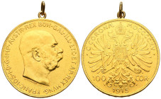 AUSTRIA, Franz Joseph I. 100 Coronas. (Au. 34,25g/37mm). 1915. (Km#2819). Reacuñación oficial. MBC. Colgada. Usada como joya.