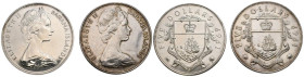 BAHAMAS. Conjunto de dos piezas de 5 Dollars en plata de 1969. Isabel II. (Km#10). Peso aproximado de cada moneda: 42g. Diferentes estados de conserva...