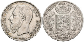 BÉLGICA. 5 Francos (Ar. 24,84g/37mm). 1873. Leopoldo II. (Km#24). MBC.