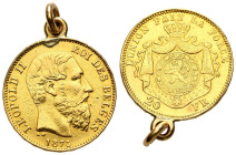 BÉLGICA. 20 Francos (Au. 6,94g/21mm). 1875. Leopoldo II. Bruselas. (Km#37). MBC. Engarzada y usada como joya.