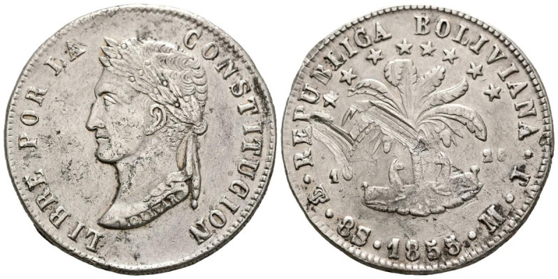 BOLIVIA. 8 Soles (Ar. 26,27g/37mm). 1855. Potosí MJ. (Km#112.2). MBC. Golpes en ...