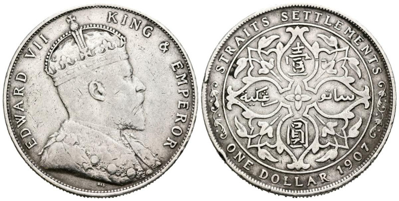 COLONIAS DEL ESTRECHO, Eduardo VII. 1 Dollar. (Ar. 20,17g/34mm). 1907. Londres. ...