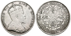 COLONIAS DEL ESTRECHO, Eduardo VII. 1 Dollar. (Ar. 20,17g/34mm). 1907. Londres. (Km#26). MBC. Limpiado. Escaso ejemplar.