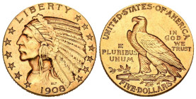 ESTADOS UNIDOS. 5 Dollars (Au. 8,33g/21mm). 1908. Philadelphia. Cabeza de Indio. (Km#129). MBC+.