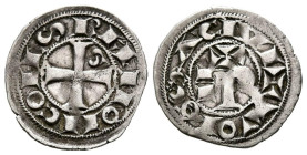 FRANCIA, Ramón V-VII (1148-1249). Obolo. (Ar. 0,58g/15mm). Condado de Toulouse. (Boud 722). Anv: Cruz con S en 2º cuadrante, alrededor leyenda: RAMON ...