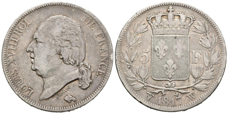 FRANCIA. 5 Francs (Ar. 24,65g/36mm). 1817. Luis XVIII. Lille W. (Km#711.13). MBC...