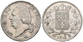 FRANCIA. 5 Francs (Ar. 25,05g/36mm). 1816. Luis XVIII. Toulouse M. (Km#711.9). MBC+. Golpe en el canto.