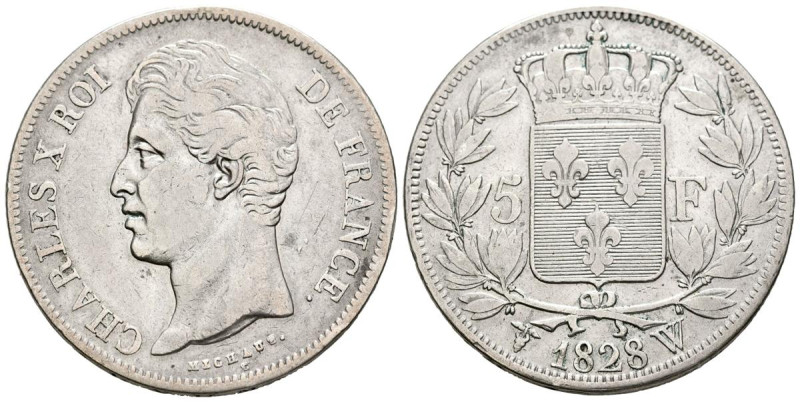 FRANCIA. 5 Francs (Ar. 24,73g/36mm). 1828. Carlos X. Lille W. (Km#728.13). MBC/M...
