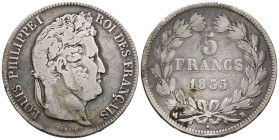 FRANCIA. 5 Francs. (Ar. 24,58g/37mm). 1835. Rouen B. Luis Felipe I. (Km#749). MBC-.