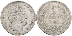 FRANCIA. 5 Francs. (Ar. 24,90g/37mm). 1840. Luis Felipe I. Rouen. (Km#749.2). MBC.