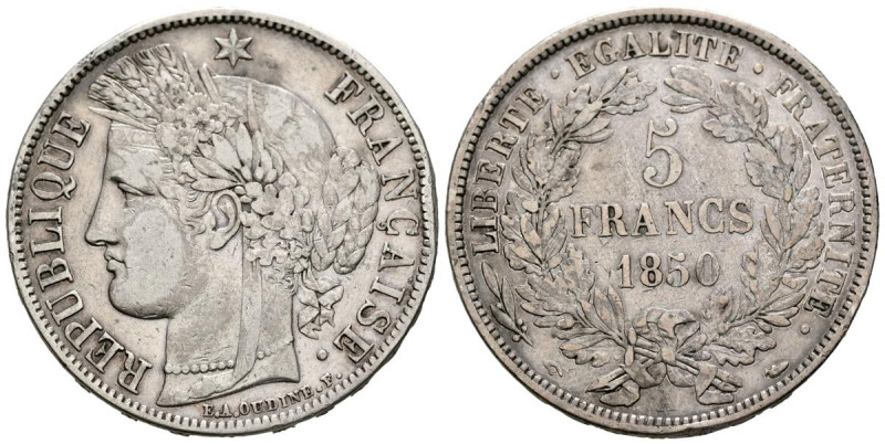 FRANCIA. 5 Francs. (Ar. 24,67g/37mm). 1850. II República. París A. (Km#761). MBC...