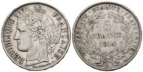 FRANCIA. 5 Francs. (Ar. 24,67g/37mm). 1850. II República. París A. (Km#761). MBC-.