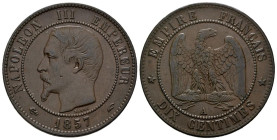 FRANCIA. 10 Centimes (Ae. 9,80g/29mm). 1857. Napoleón III. París A. (Km#771.1). MBC+. Preciosa pátina. Escasa así.