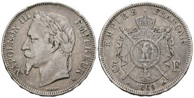 FRANCIA. 5 Francs. (Ar. 24,83g /37mm). 1869. Napoleón III. Estrasburgo BB. (Km # 799.2). MBC.