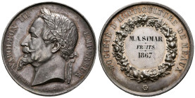 FRANCIA. Socieda de Horticultura de Meaux (Ar. 36,02g/42mm). 1867. Napoleón III. Grabadores: A. Bescher y A. Borrel. Dedicada a M. A. Simar. EBC-. Pre...