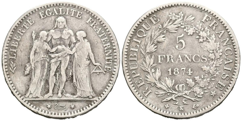 FRANCIA. 5 Francs (Ar. 24,70g/37mm). 1874. Burdeos K. III República. (Km#820.2)....