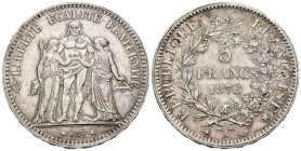 FRANCIA. 5 Francs. (Ar. 25,17g /37mm). 1876. Paris A. (Km #820.1). Mbc+. Marquitas y preciosa pátina.