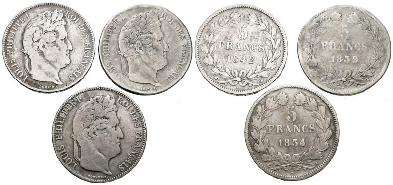 FRANCIA. Conjunto de 3 monedas de 5 Francos acuñados bajo el reinado de Luis Fel...