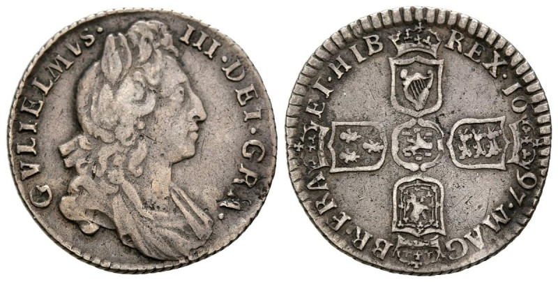 REINO UNIDO. 6 Peniques (Ar. 3.09g/21mm). 1697. Guillermo III. Sin marca de ceca...