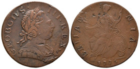 GRAN BRETAÑA, Jorge III. 1/2 Penny. (Ae. 7,54g/27mm). 1775. (Km#601). MBC.