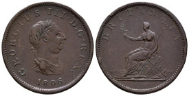 GRAN BRETAÑA, Jorge III. 1/2 Penny. (Ae. 9,34g/29mm). 1806. Soho, Birmingham. (Km#662). MBC.