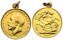 GRAN BRETAÑA. 1 Soberano (Au. 8,42g/22mm). 1913. Jorge V. (Km#820). MBC. Engarzada y usada como joya.