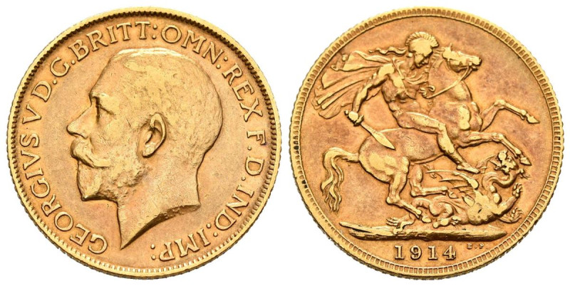 REINO UNIDO. 1 Soberano (Au. 7,95g/22mm). 1914. Jorge V. Londres. (Km#29). MBC+.