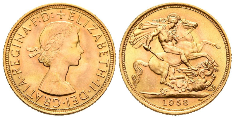 GRAN BRETAÑA. 1 Soberano (Au. 7,99g/22mm). 1958. Isabel II. (Km#908). Grabador: ...