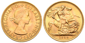 GRAN BRETAÑA. 1 Soberano (Au. 7,99g/22mm). 1958. Isabel II. (Km#908). Grabador: Benedetto Pistrucci (BP). SC-. Ligerísmas marquitas.