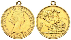 GRAN BRETAÑA. 1 Soberano (Au. 8,05g/22mm). 1958. Isabel II. (Km#907). Argolla. Usada como joya. MBC+.