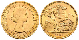 GRAN BRETAÑA. 1 Soberano (Au. 7,99g/22mm). 1959. Isabel II. (Km#908). Grabador: Benedetto Pistrucci (BP). SC-. Ligerísmas marquitas.