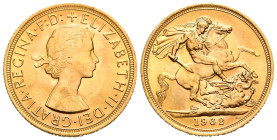 GRAN BRETAÑA. 1 Soberano (Au. 7,99g/22mm). 1962. Isabel II. (Km#908). Grabador: Benedetto Pistrucci (BP). SC-. Ligerísmas marquitas.